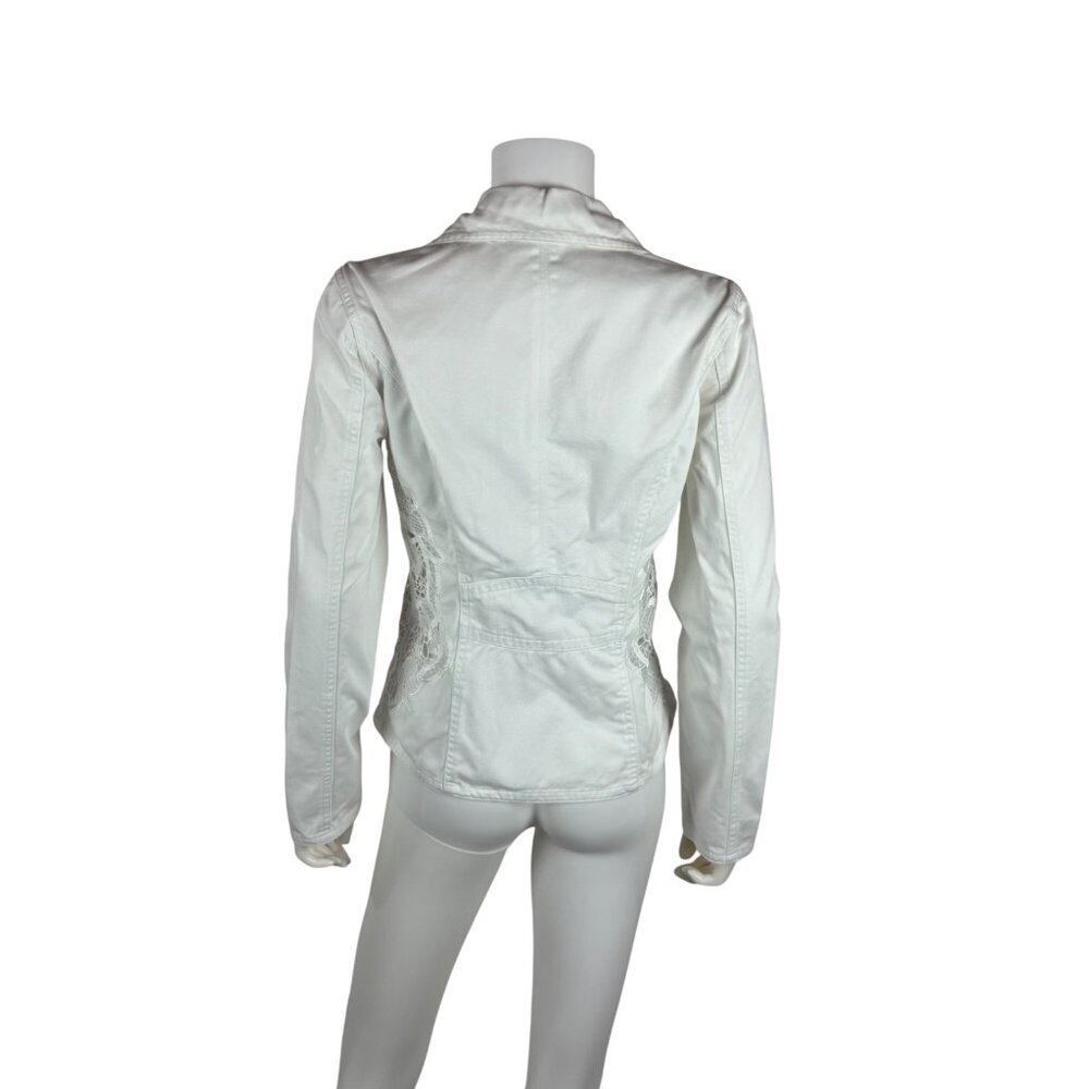 Together White Denim Jacket Small 6 Floral Inset Lace Cotton Spring Blazer - Picture 9 of 11